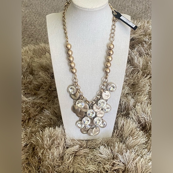 New Premier Designs Bombshell Matte Gold Tone Rhinestone Necklace - Picture 1 of 12